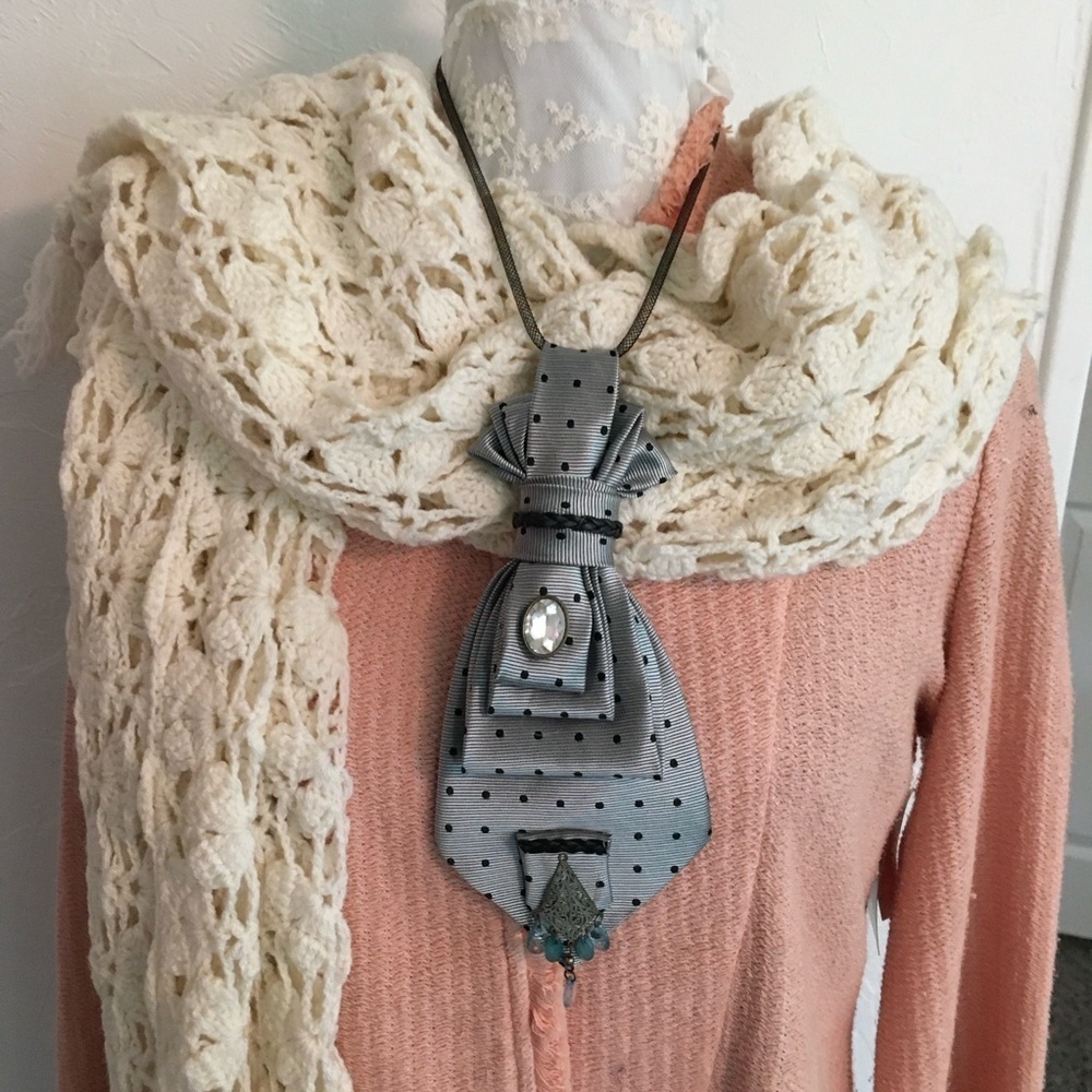Upcycled Mens Silk Necktie Bib Necklace Grey Polka Dot OS